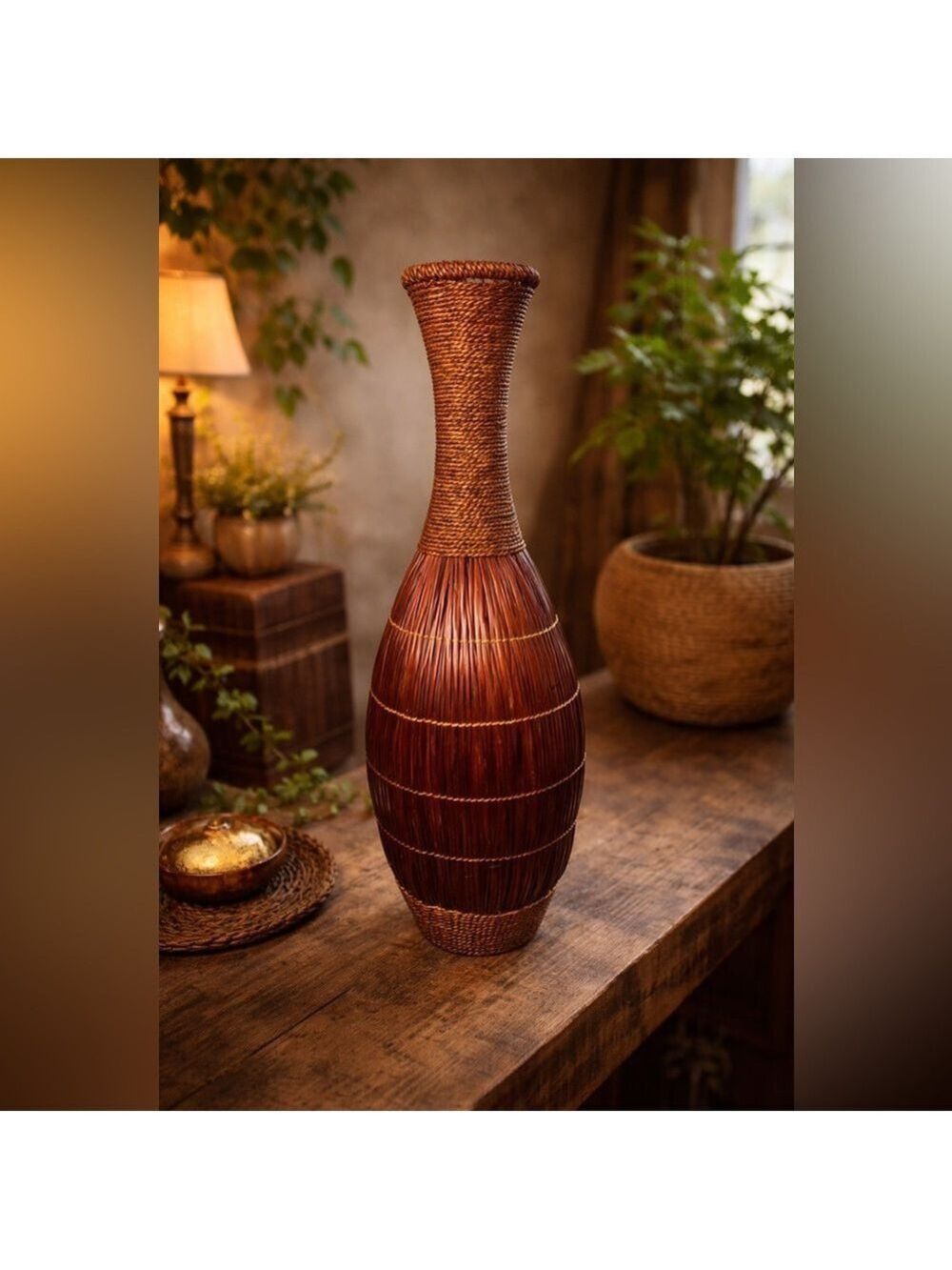 VINTAGE EUC Hand Crafted Artisan Brown Rattan Wicker Woven Tall Floor Vase